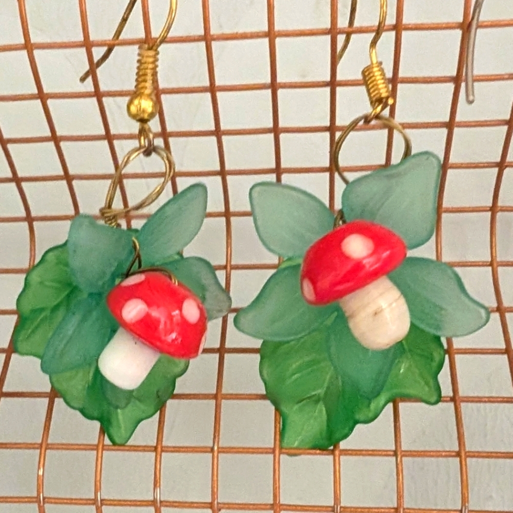 Handmade Red Mushroom Leaf Dangle Earrings